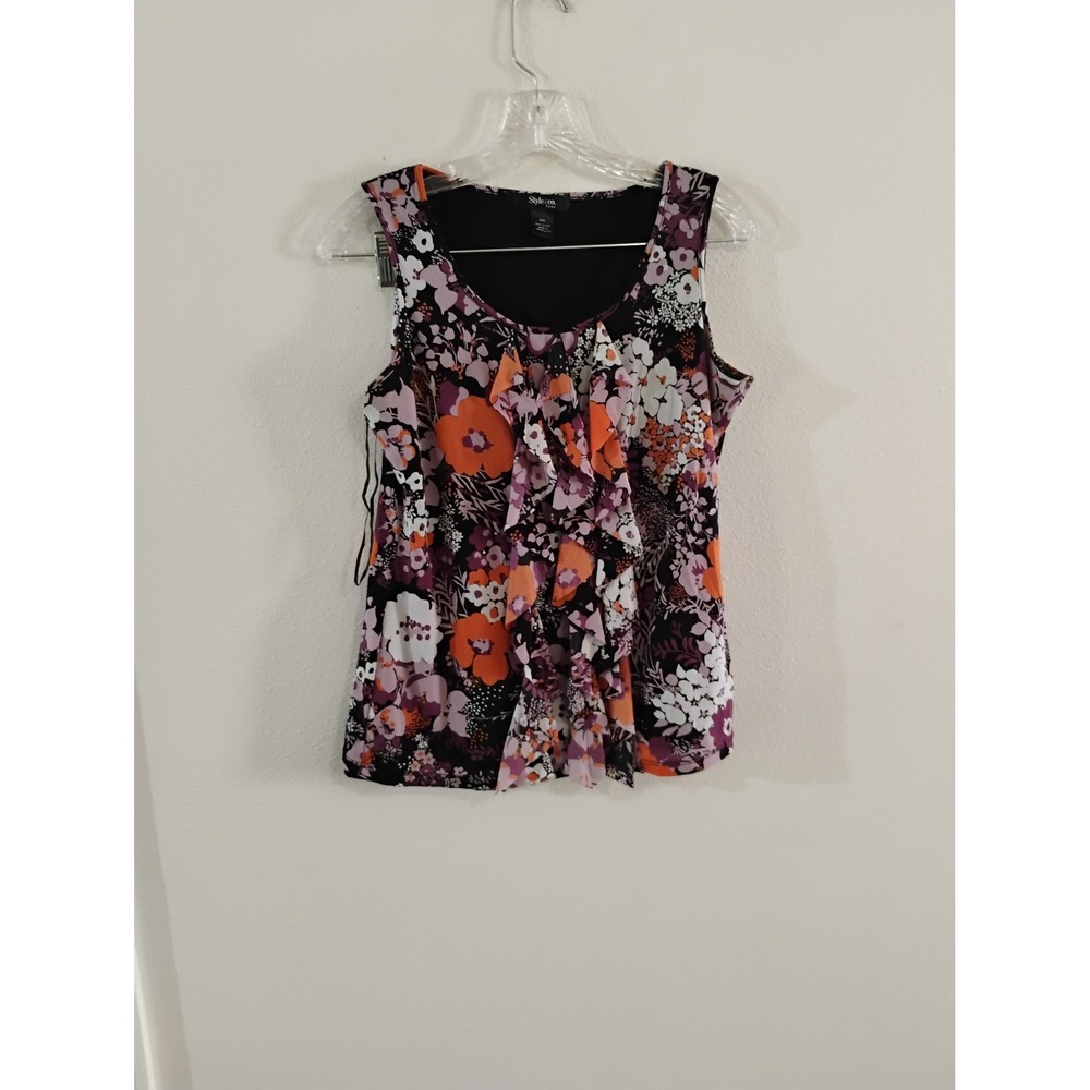 Style & Co Petite PM Floral Ruffle Front Sleeveless Blouse Black Orange Purple